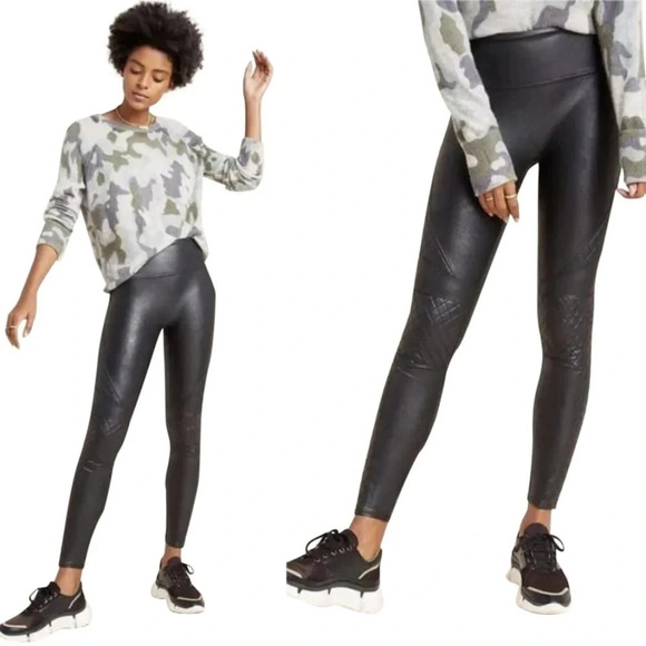 Spanx Quilted Faux Leather Moto Shaping Ankle Leggings in Black - Size Small - Picture 1 of 9